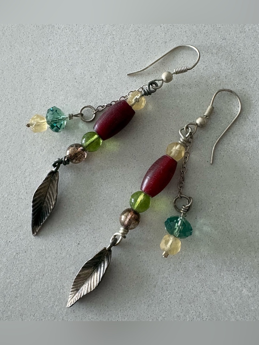 Artisan Multicolor Leaf Dangle Earrings - Red, Green & Teal